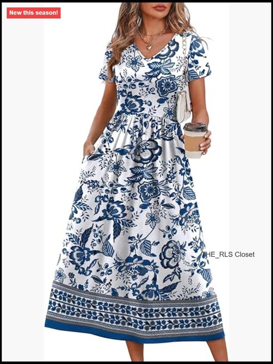 Dresses & Skirts - Flowy A-Line Midi Dress with Pockets, V-Neck, Short Sleeve